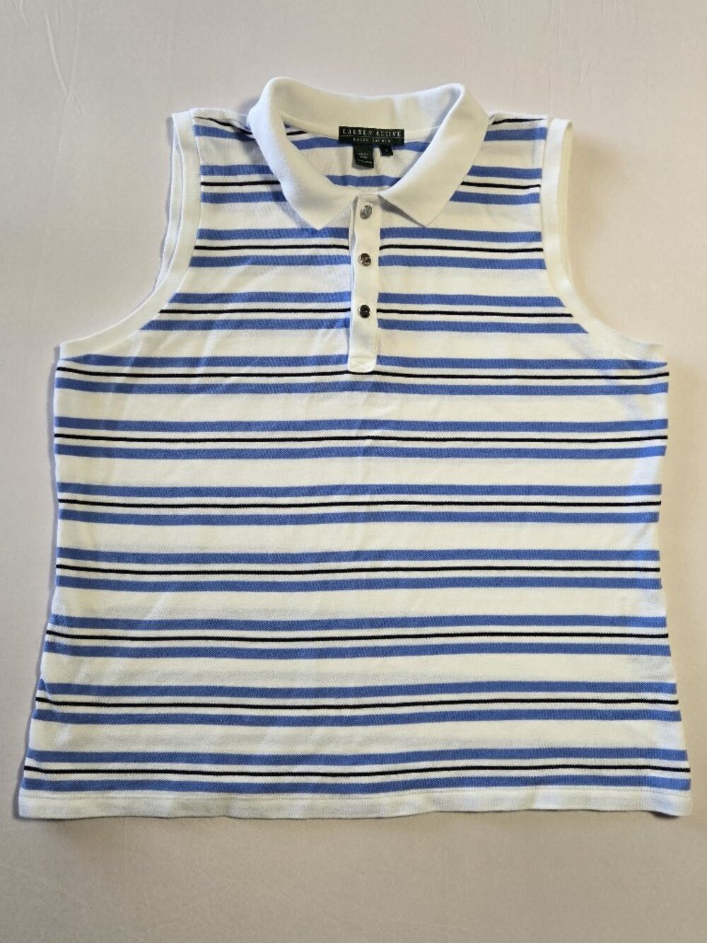 Lauren‎ Active Ralph Lauren Women’s Sleeveless Polo Shirt Sz L Blue White Stripe